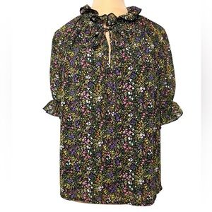 MELLODAY Floral Blouse with Short Ruffle Sleeves and Ruffle Tie Front